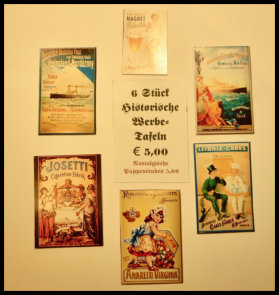Historische Werbeplakate, ca. 4x6 cm, auf Pappe gezogen